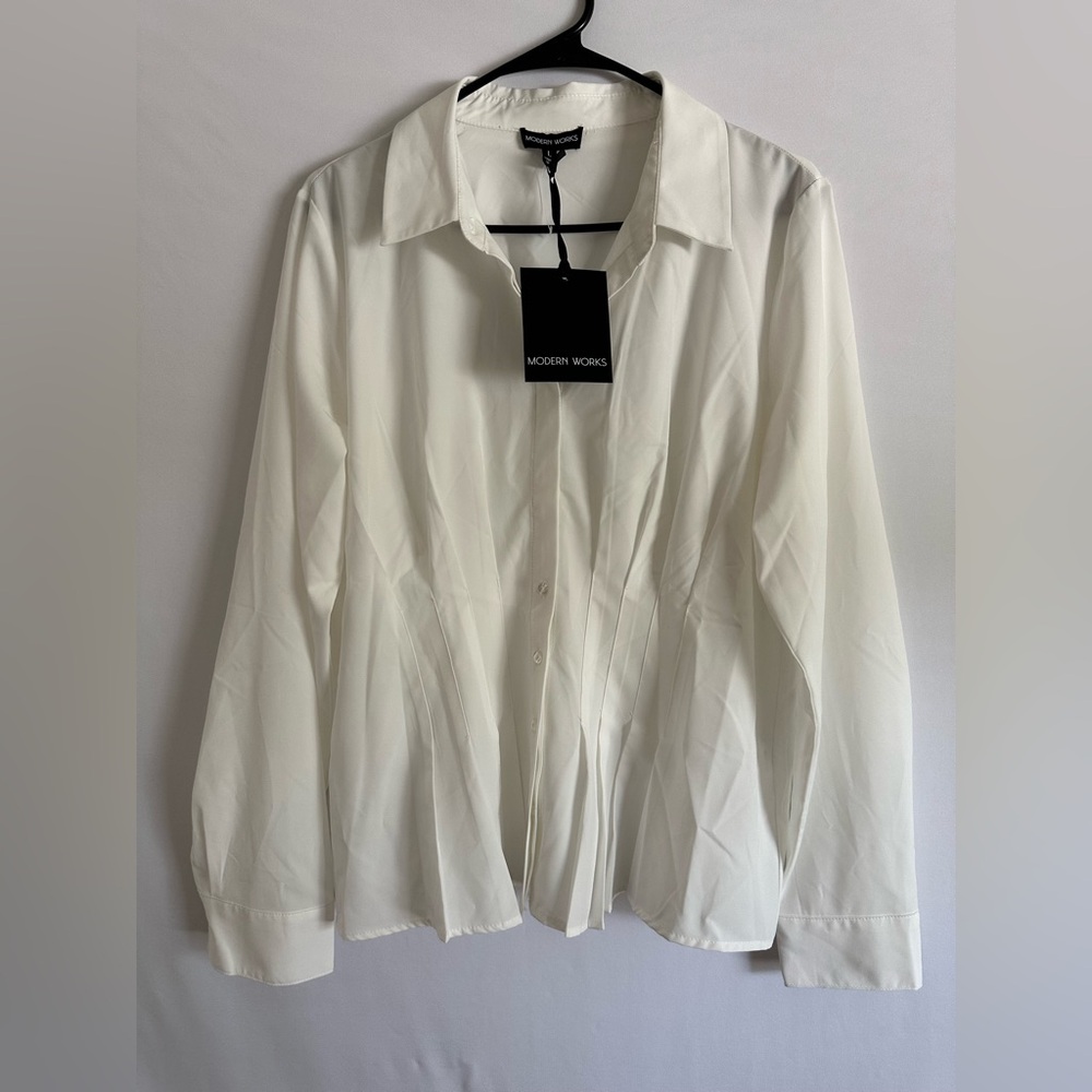 Modern Works Long Sleeve Button Front Shirt White Large New Professional Blouse